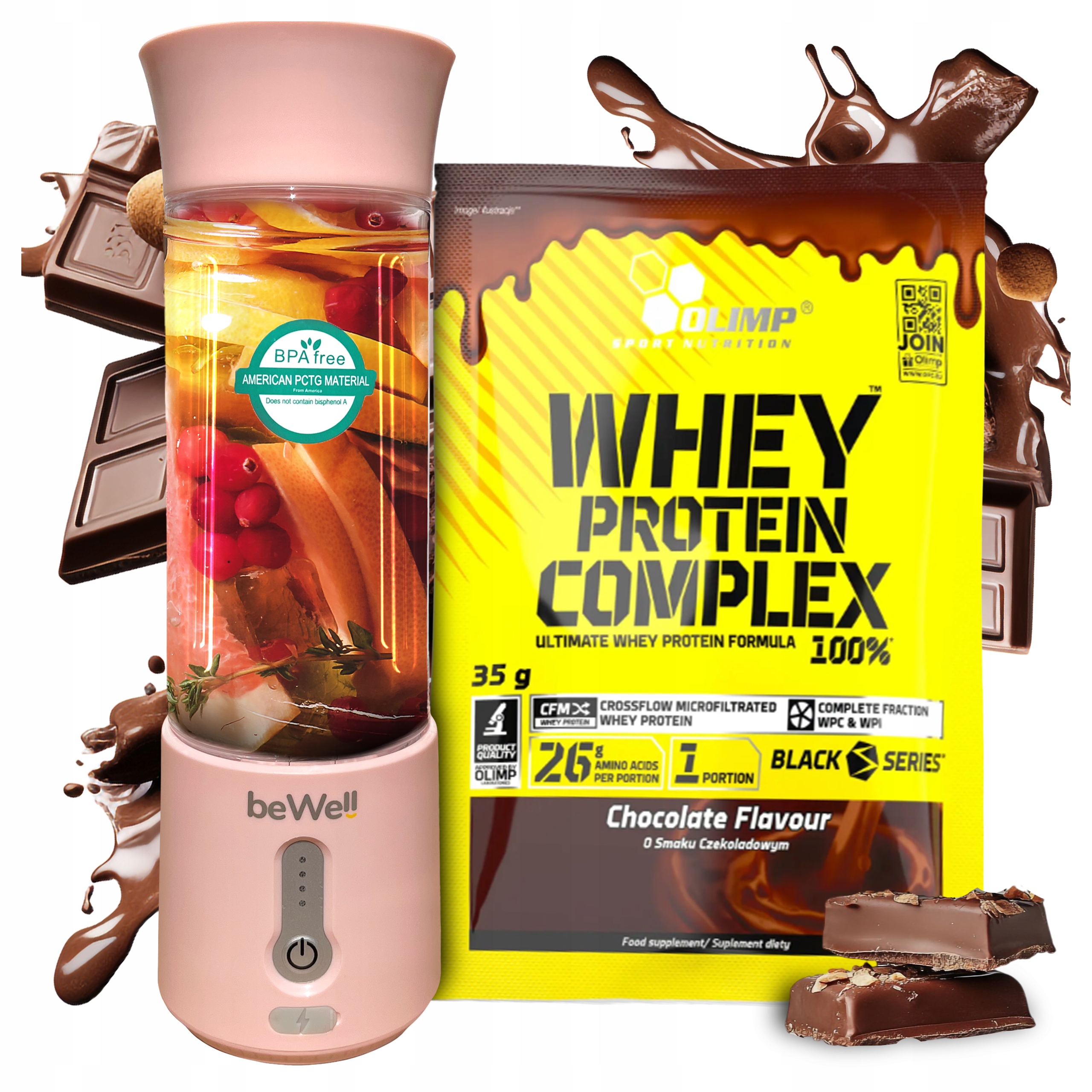 Blender Kielichowy Przenośny Bezprzewodowy beWell na Usb Białko Olimp Wpc