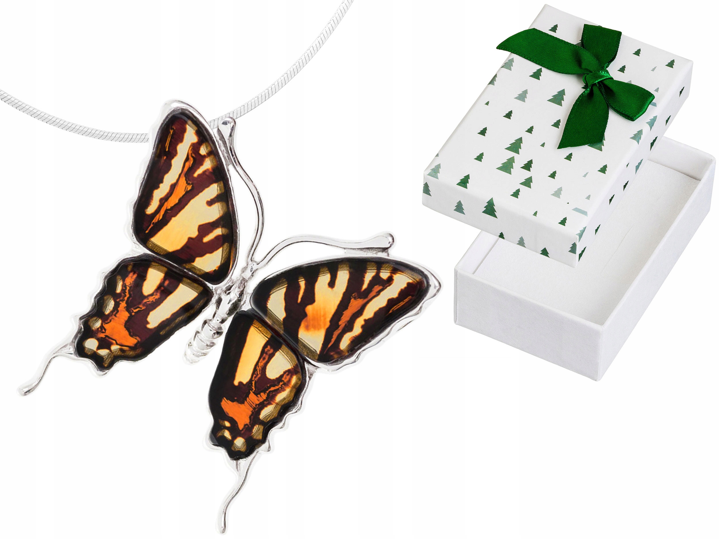 Dlouhý stříbrný dámský náhrdelník Velký motýl Gravírovaný jantar Stříbro 80