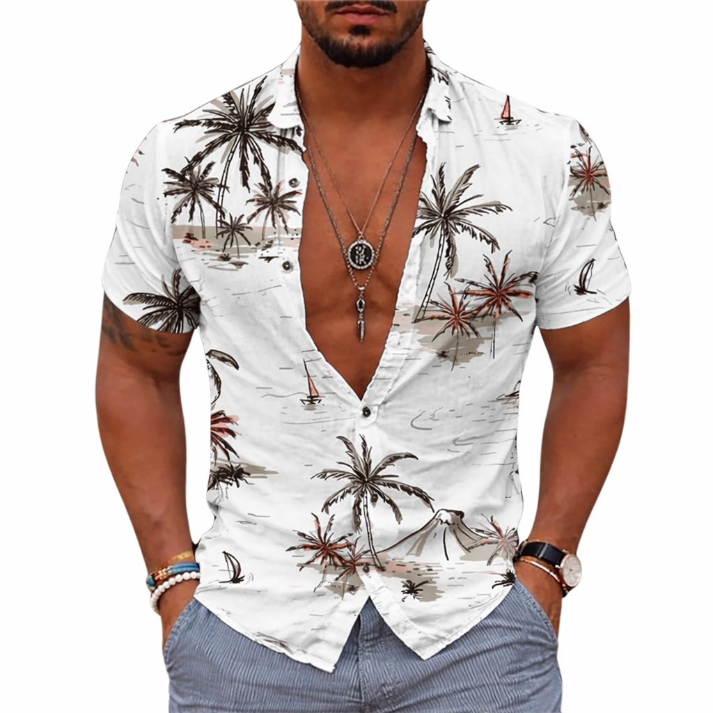 Stylowa modna męska biała koszula w palmy z krótkim rękawem