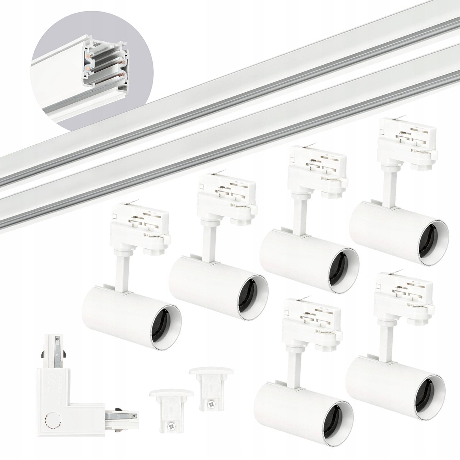 3-Fazowy System Szynowy szyna 2m+2m, L prawy, 6x Reflektor na GU10 Biały Marka Laitica