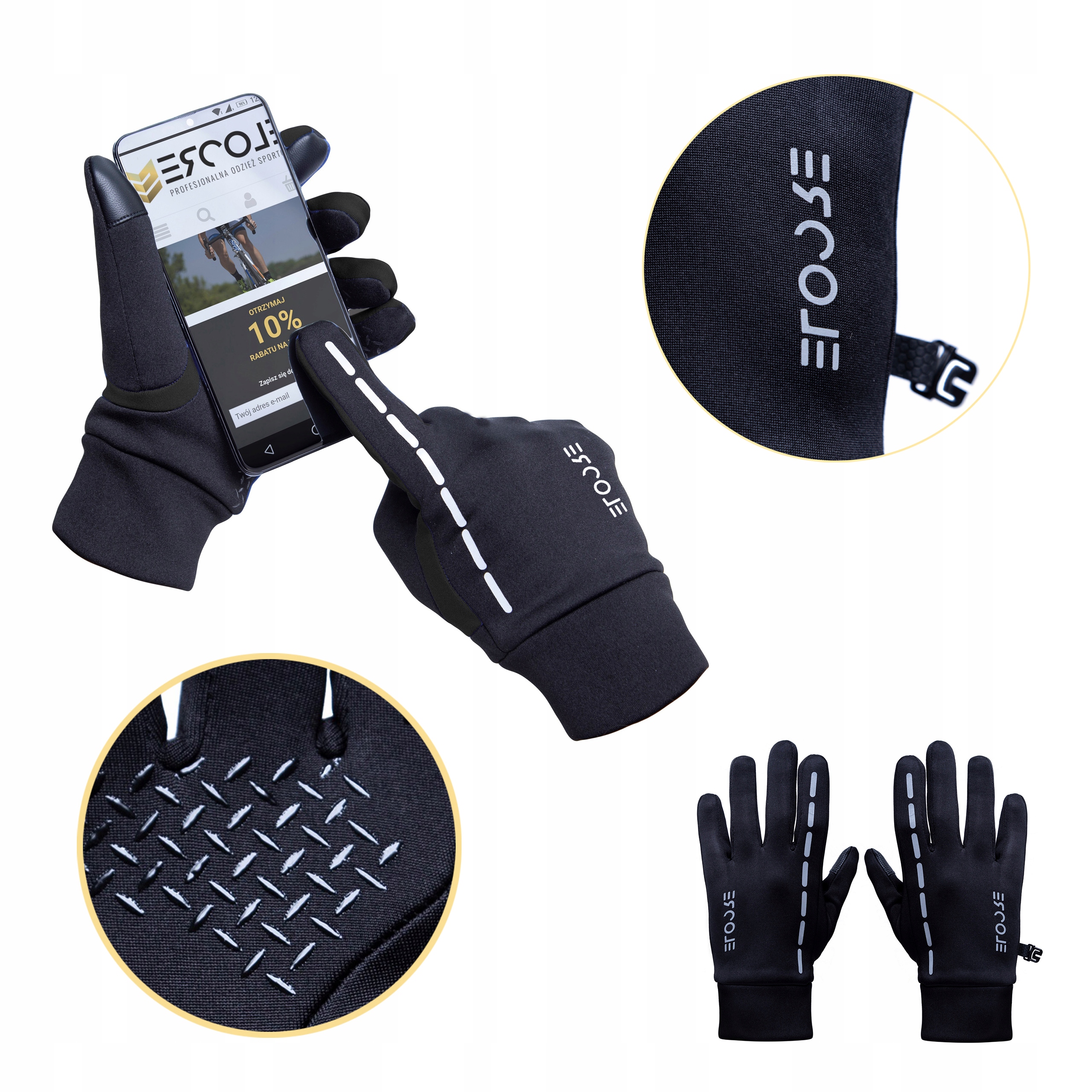 RĘKAWICZKI MĘSKIE L SURVIVAL SPORTOWE CIEPŁE ODBLASK RUN DOTYKOWE ERCOLE Rozmiar L