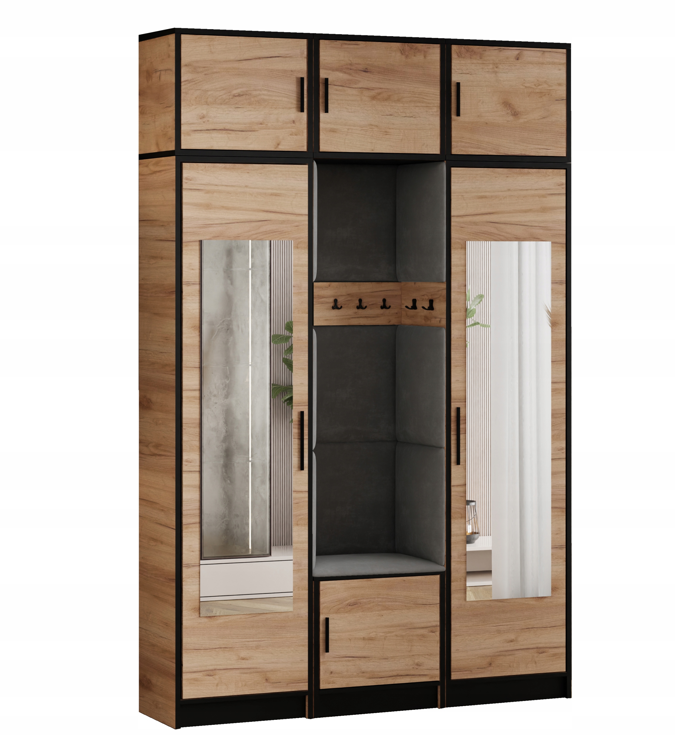 Šatní skříň Dior 12 dub craft zlatý šedá tkanina zrcadlo s nástavcem