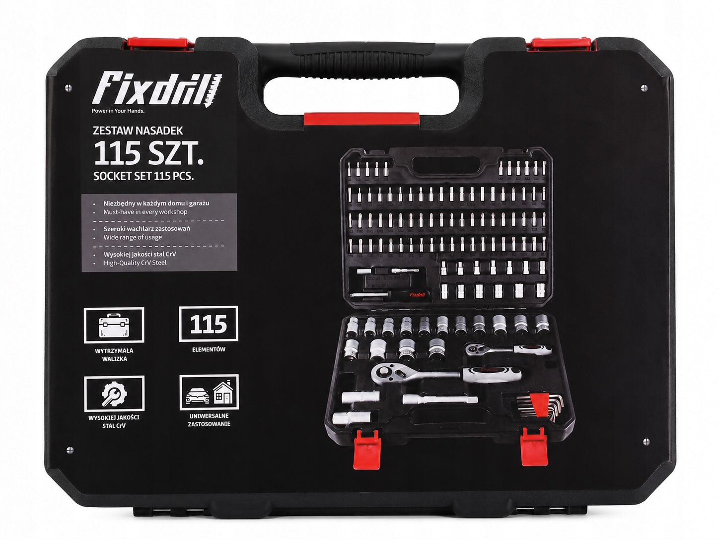 FixDrill Sada nástavců 115 ks Kufr Ráčny Bity Klíče CrV