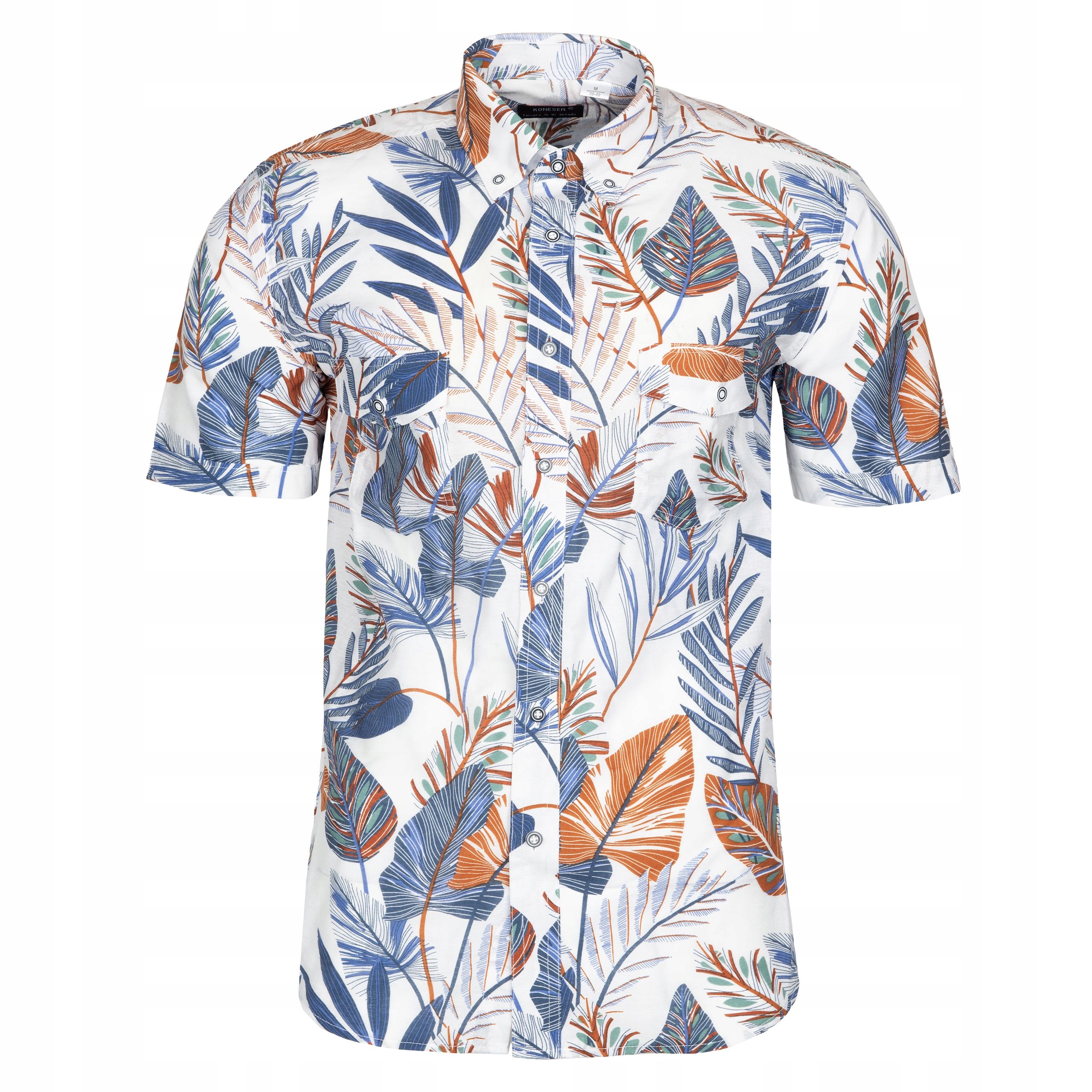 Hawajska Koszula Męska Biała W Kwiaty Niebieskie 3XL 45/46