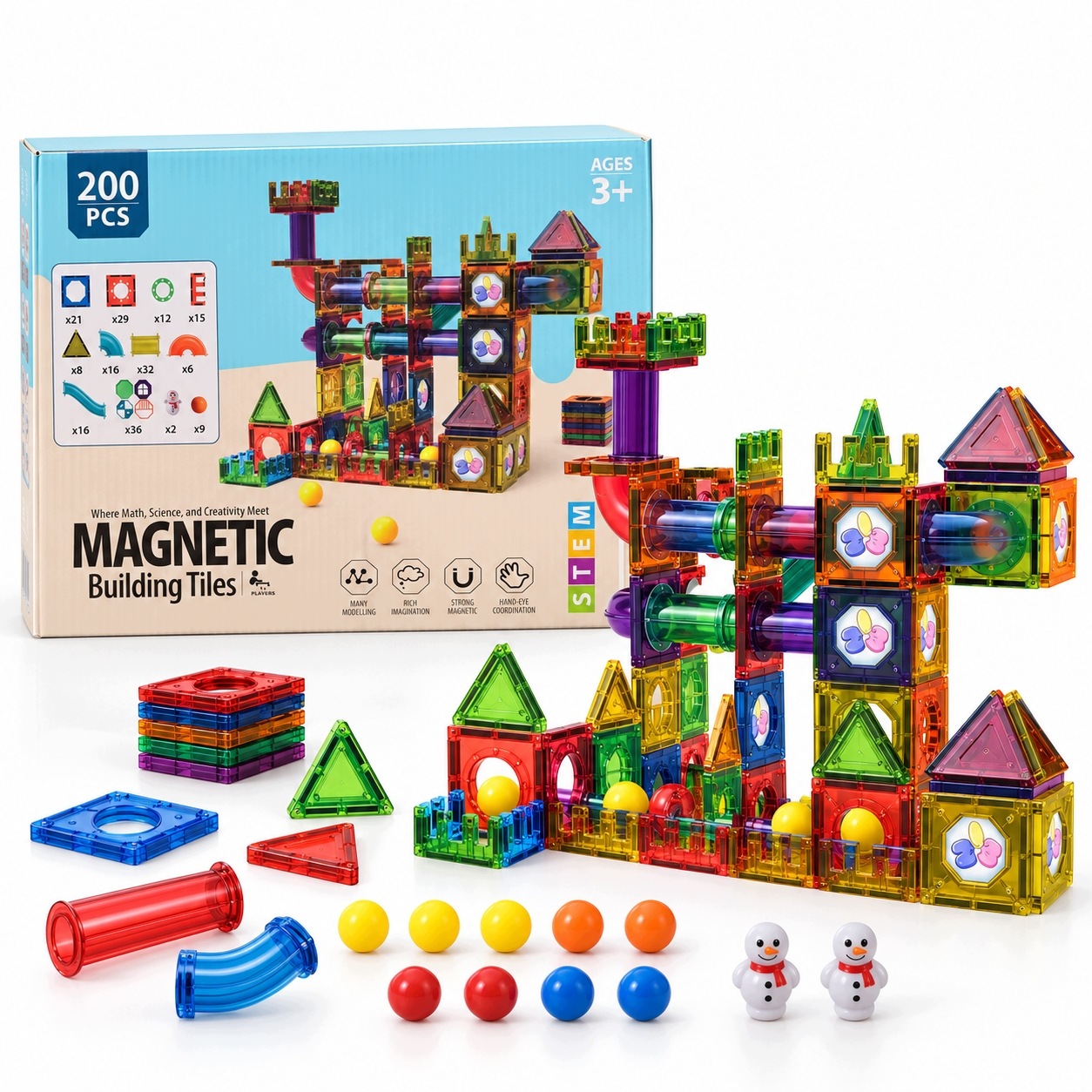 Klocki Magnetyczne Konstrukcyjne Edukacyjne Duże XXL 200 El. 3D Zestaw Tor