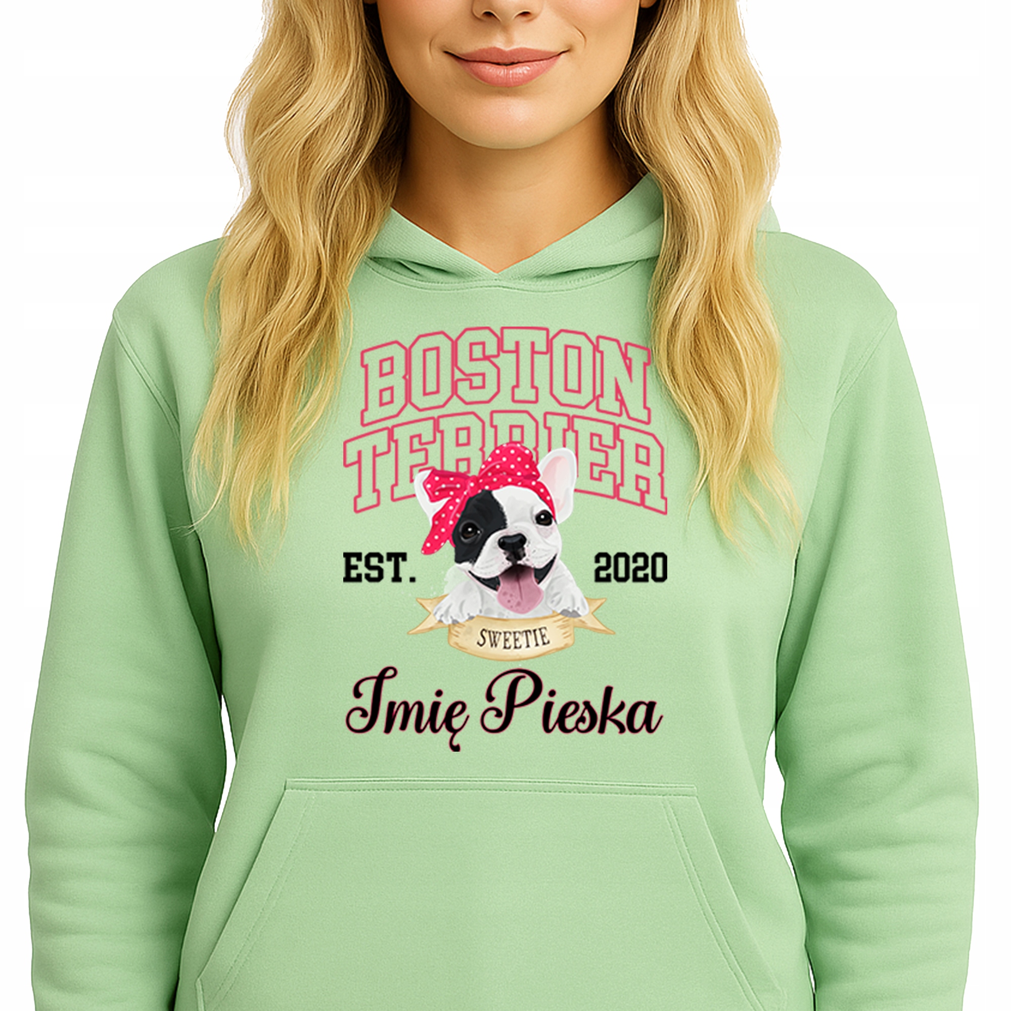 Mikina S Kapucí Zelená bavlněná mikina Boston Terrier Jméno Psa Vel S