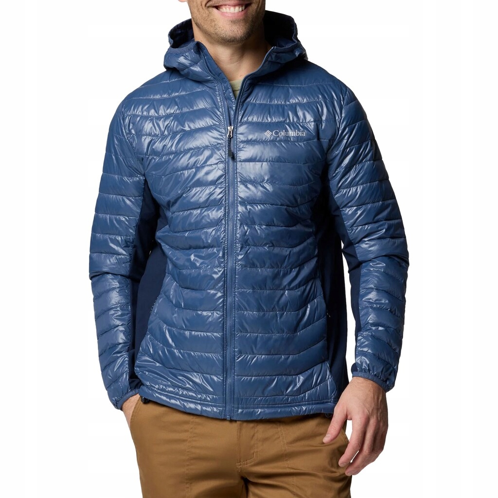 Péřová bunda Columbia Powder Pass s kapucí Hybrid, horská/tmavě modrá, XL