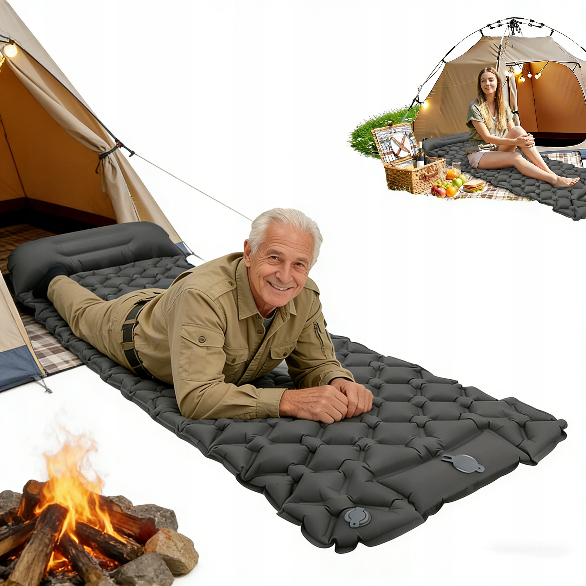 Materac Samopompujący Turystyczny Kempingowy Wbudowana Pompka Zwijana