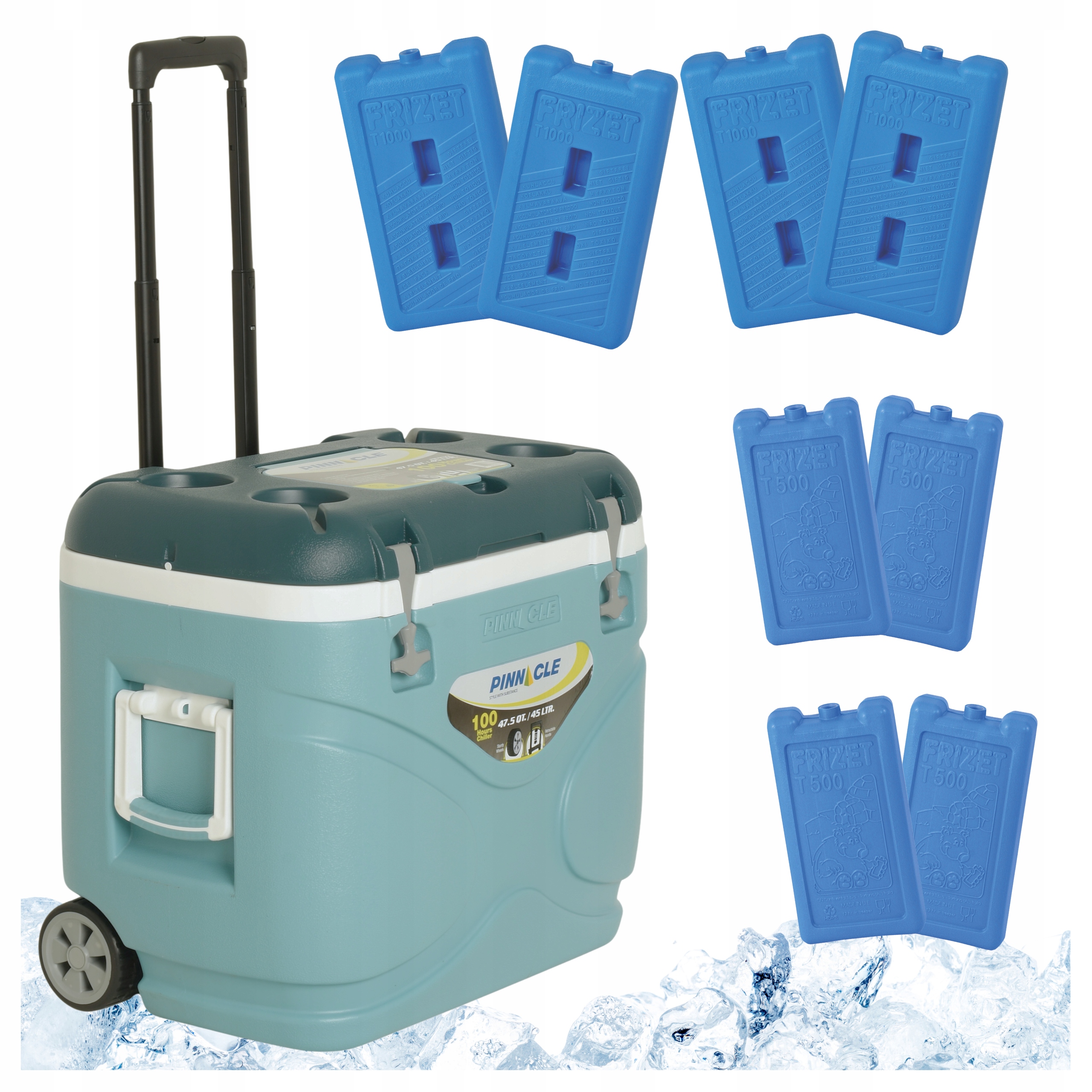 Pinnacle Turistická lednička 45L s kolečky světle modrá 8 náplní 4x 1L 4x 0,5L
