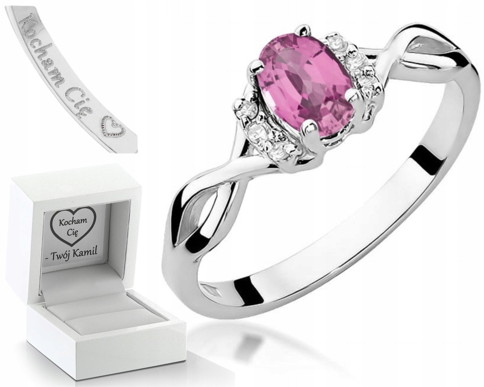 Zásnubní Prstýnek S Růžovými Safíry, Diamanty, Bílé Zlato 585, Gravírování