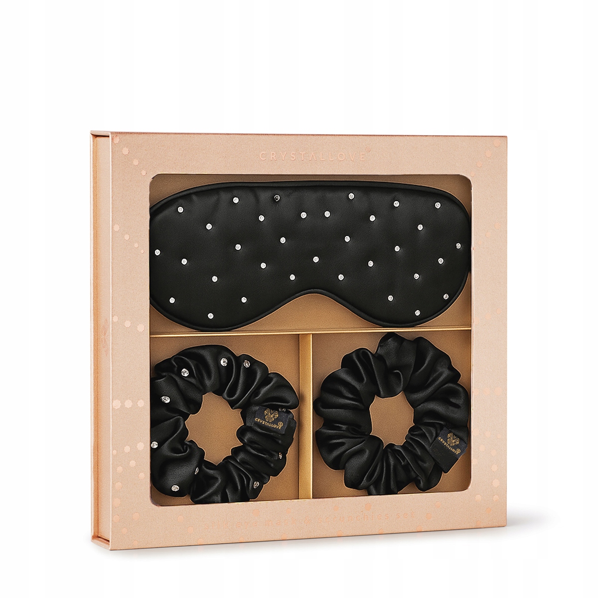 Crystallove Maska na spaní 2 gumičky na vlasy z černého hedvábí