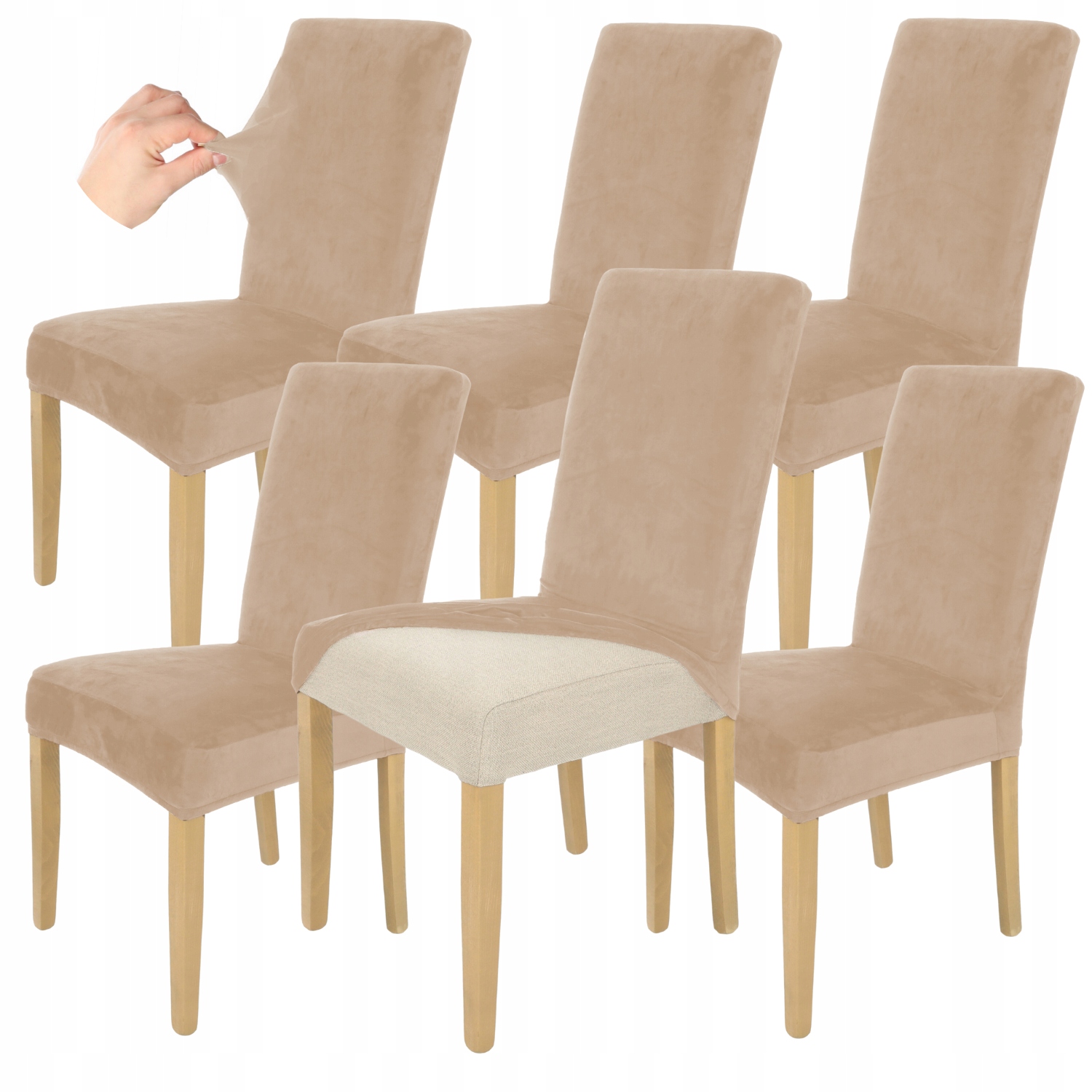 ZESTAW 6SZT. POKROWCE POKROWIEC NA KRZESŁO BEŻ CAPPUCCINO WELUR GRUBY