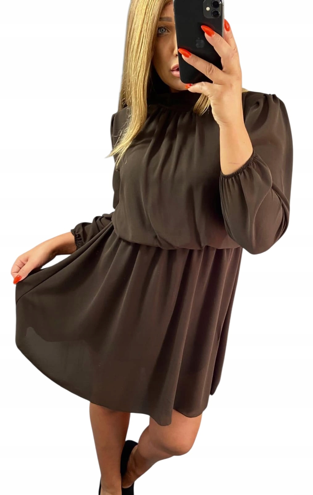 V597 Nová Kolekce Elegantní Šaty Stojka Perla Hnědá vel. 40 (L)