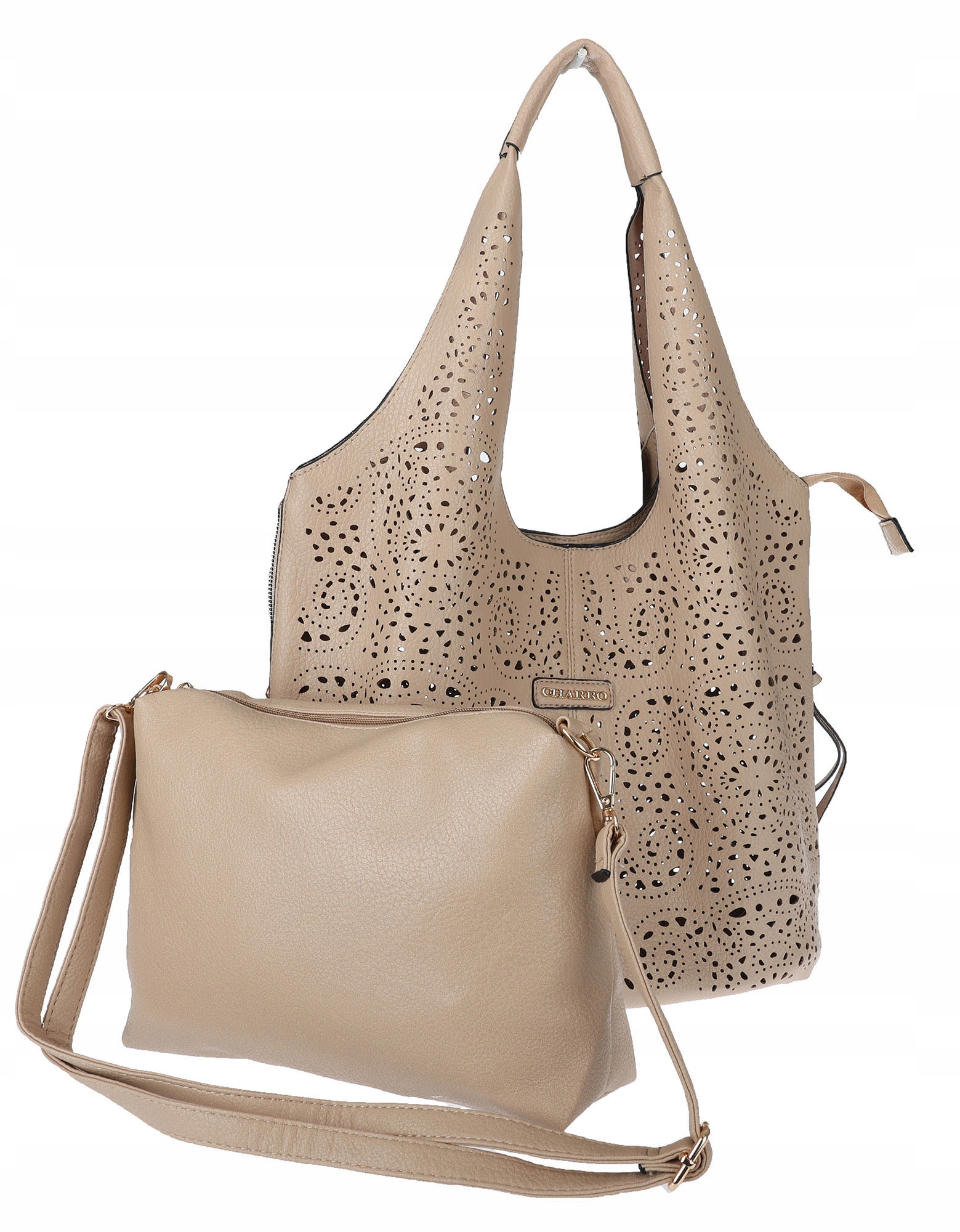 Torebka Damska włoskiej marki Charro Ażurowa Worek shopper 2w1 CH28 beżowa