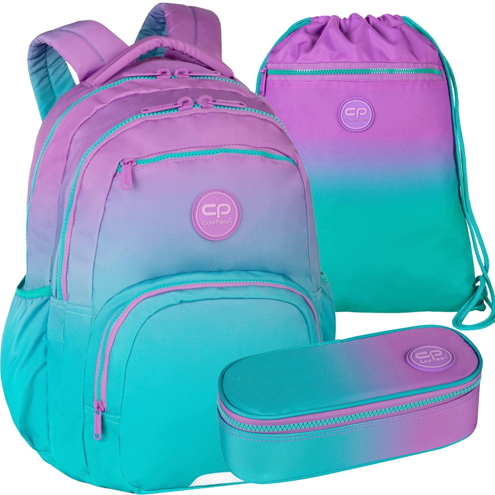 Zestaw 3elementowy do klasy 4-8 plecak piórnik worek Coolpack fiolet turkus