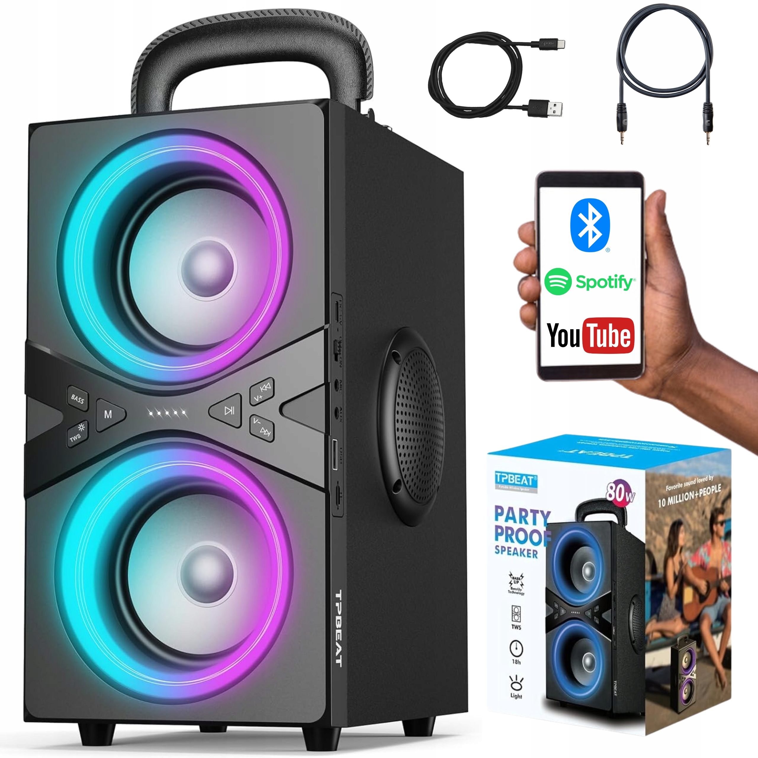 Głośnik Przenośny Bluetooth 80W Led Bass Przenośny 100 dB Impreza