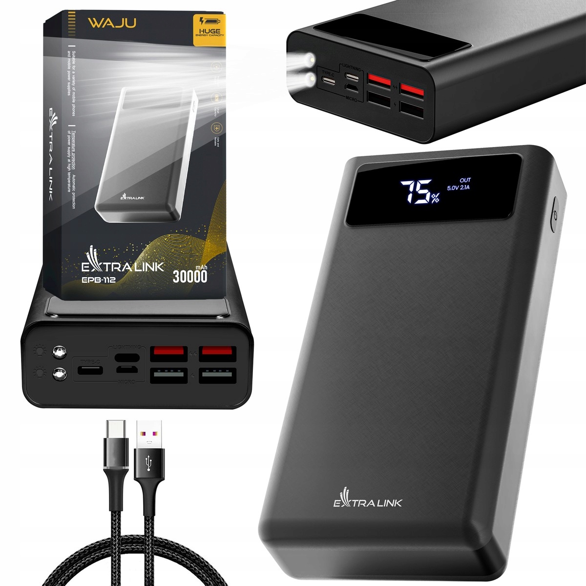 Powerbanka Extralink EPB-112 30000mAh čierna s výstupom Usb-c