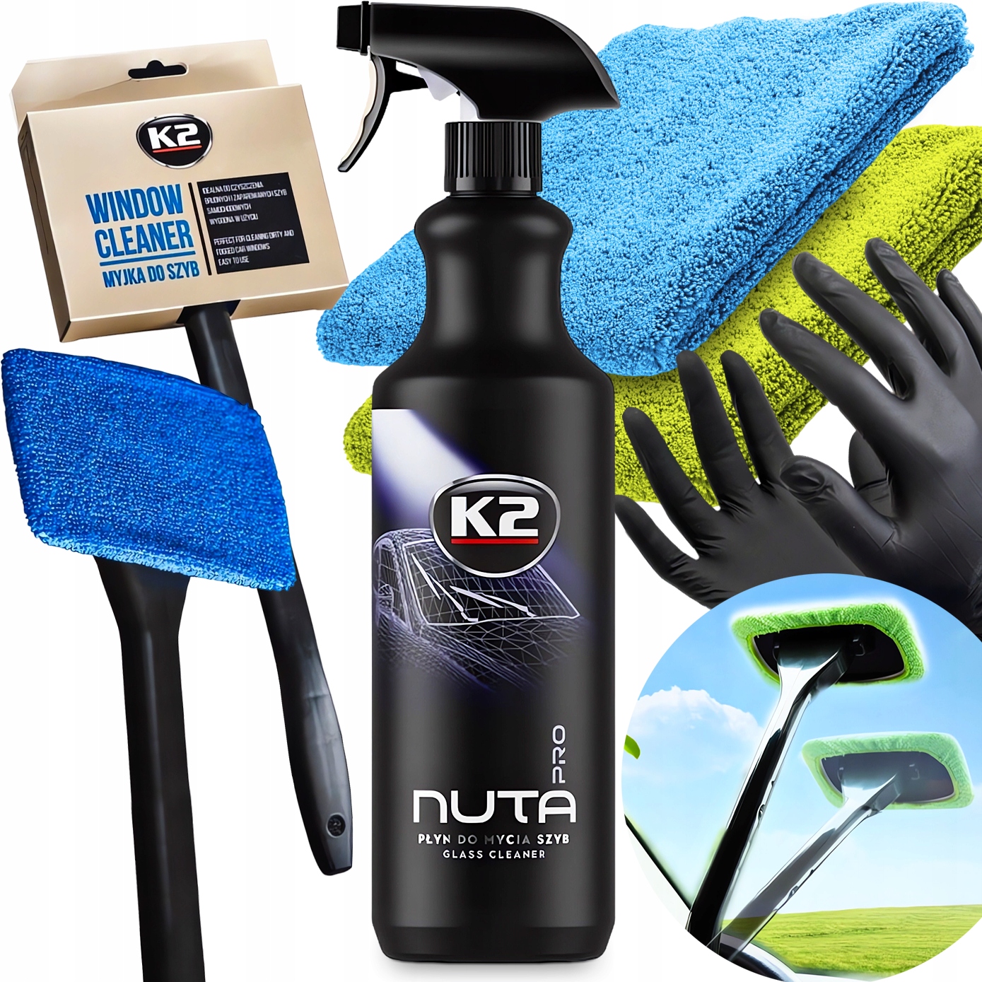 Zestaw Do Mycia Szyb K2 Nuta Pro Glass Cleaner 1L Ścierka Mikrofibra Myjka