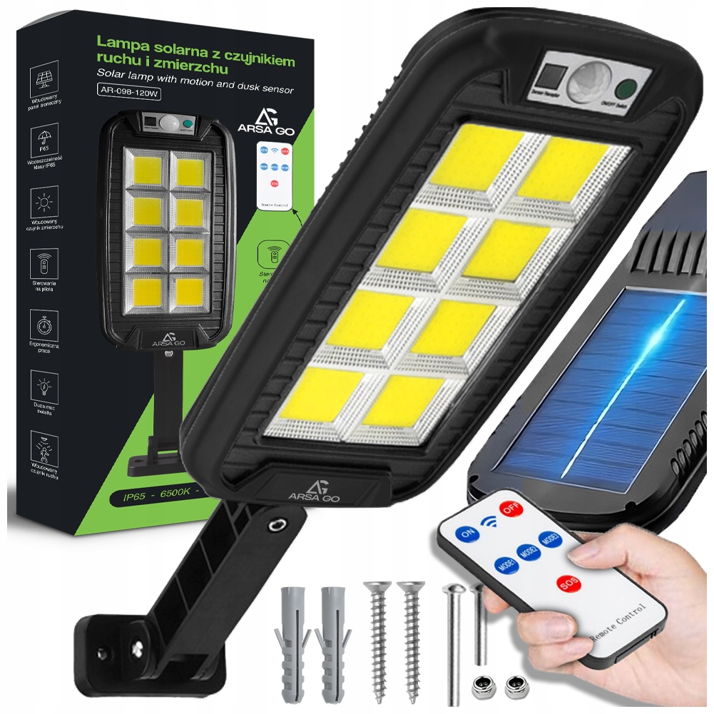 LAMPA SOLARNA ZEWNĘTRZNA OGRODOWA Z CZUJNIKIEM RUCHU LED 1200lm + UCHWYT