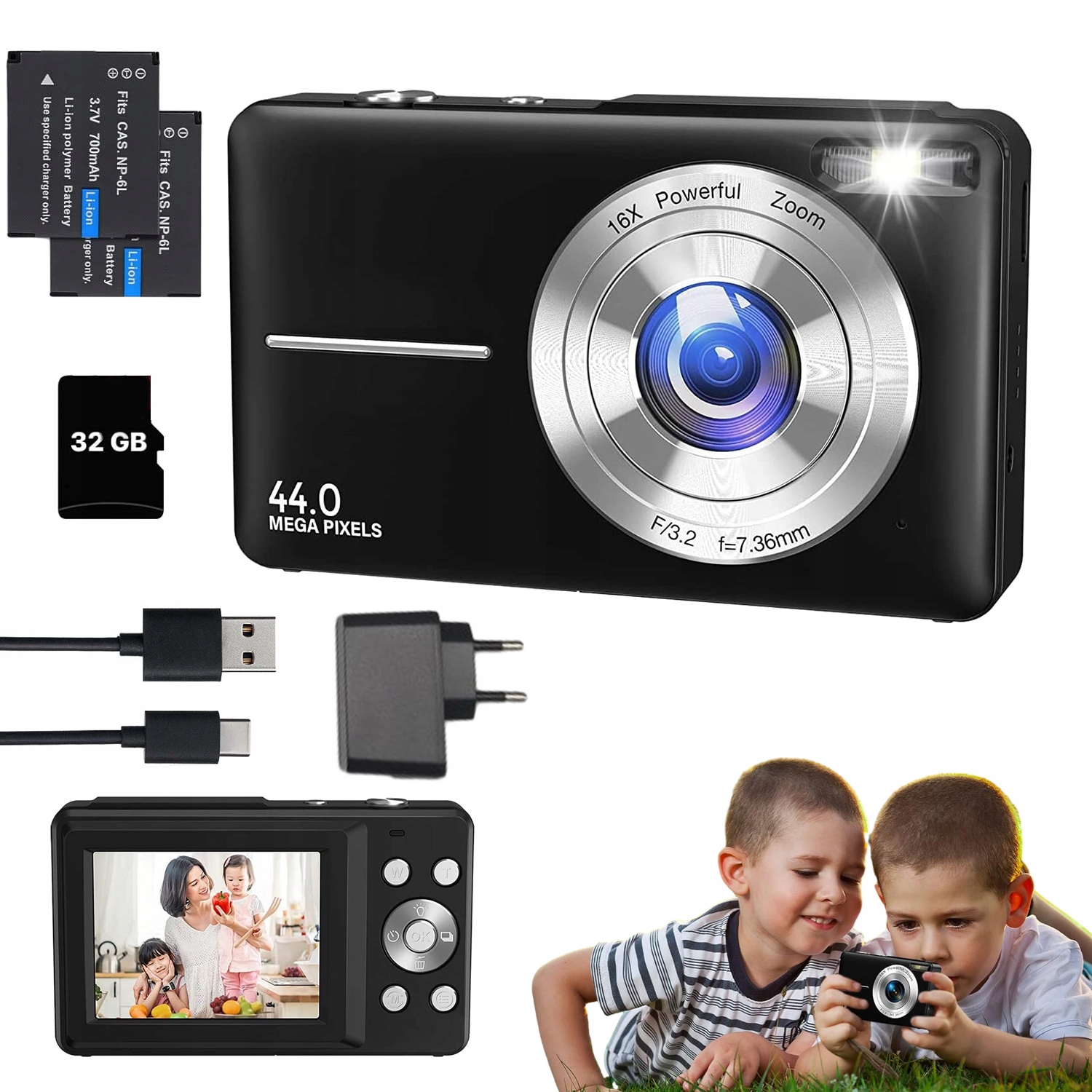 Digitální Fotoaparát Selfie Odolný Proti Otřesům Hd 44MP 16XZOOM Černý