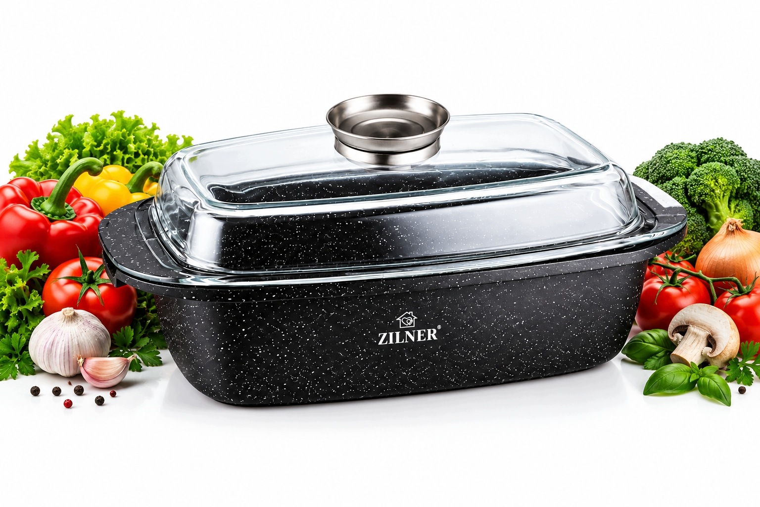 Zapékací Mísa Zilner Mramorový 5,5L 32CM Indukce Plyn Nepřilnavý Aroma Knob