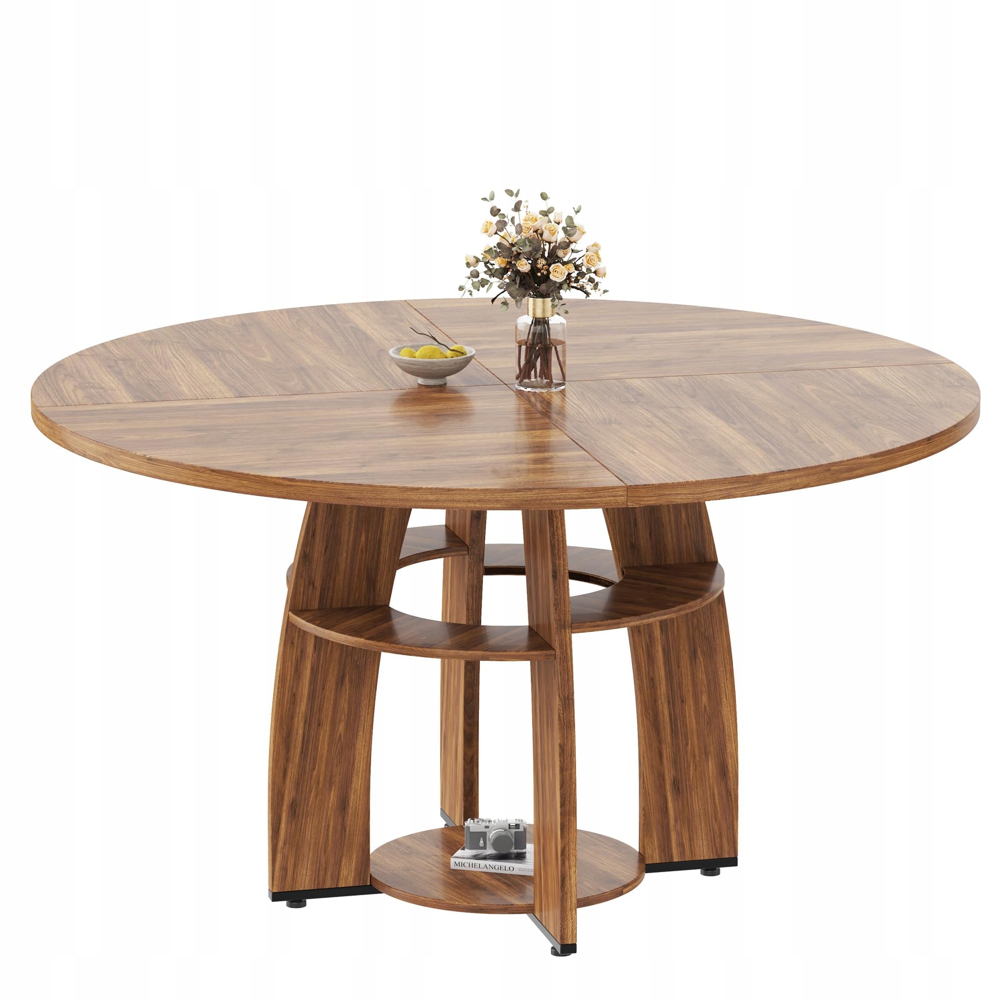 Kulatý jídelní stůl, 2úrovňový úložný prostor pro 4–6 osob, ořech, 120 cm