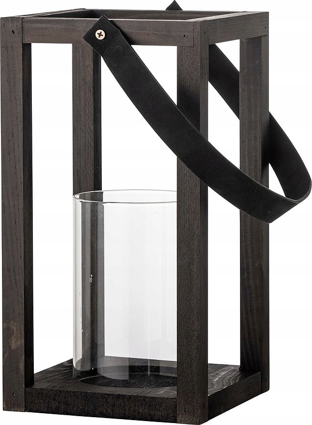 Bloomingville Lucerna ze dřeva 30 x 16 cm černá s rukojetí skleněná vložka