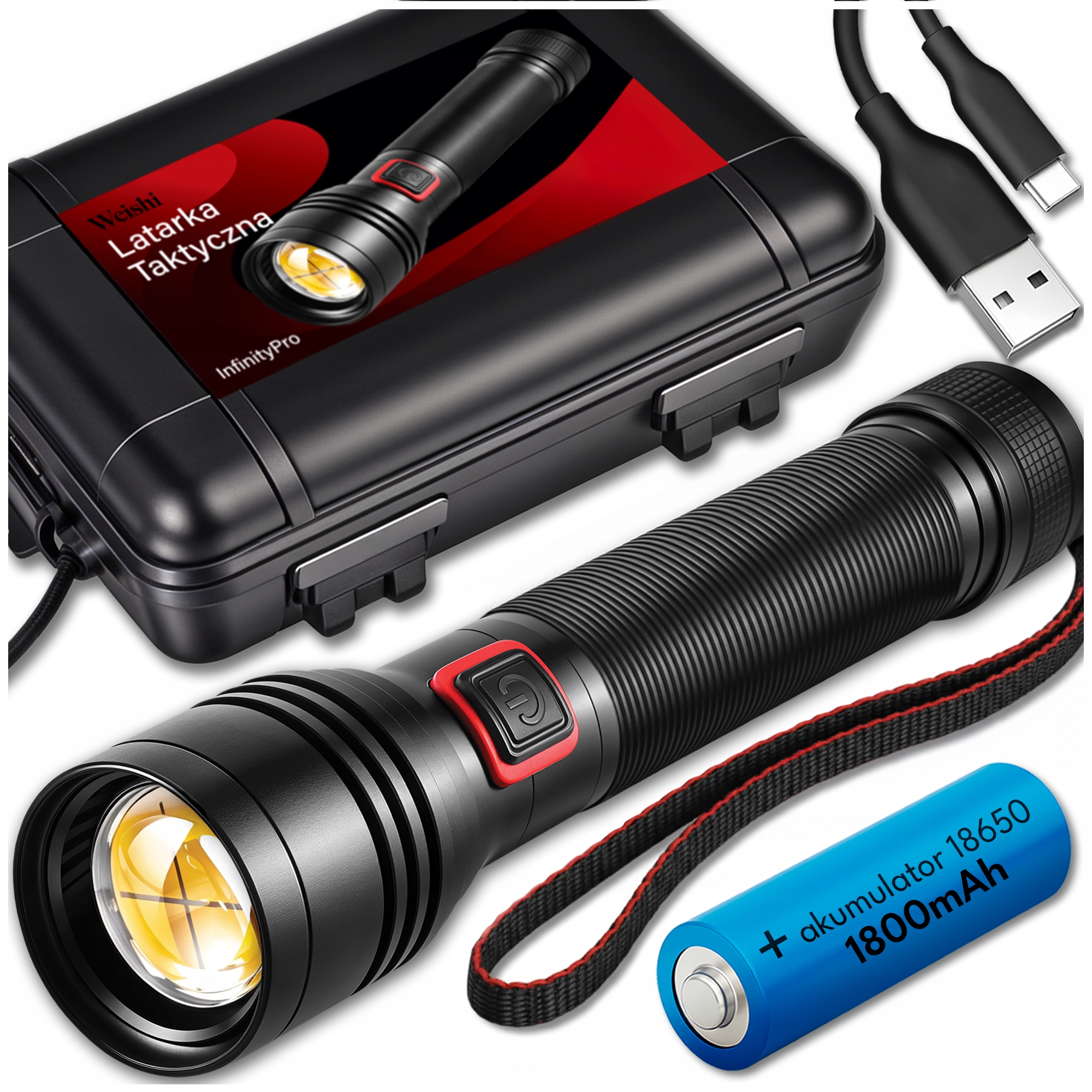Latarka Taktyczna Led akumulatorowa Mocna wojskowa Zoom szperacz Usb-c