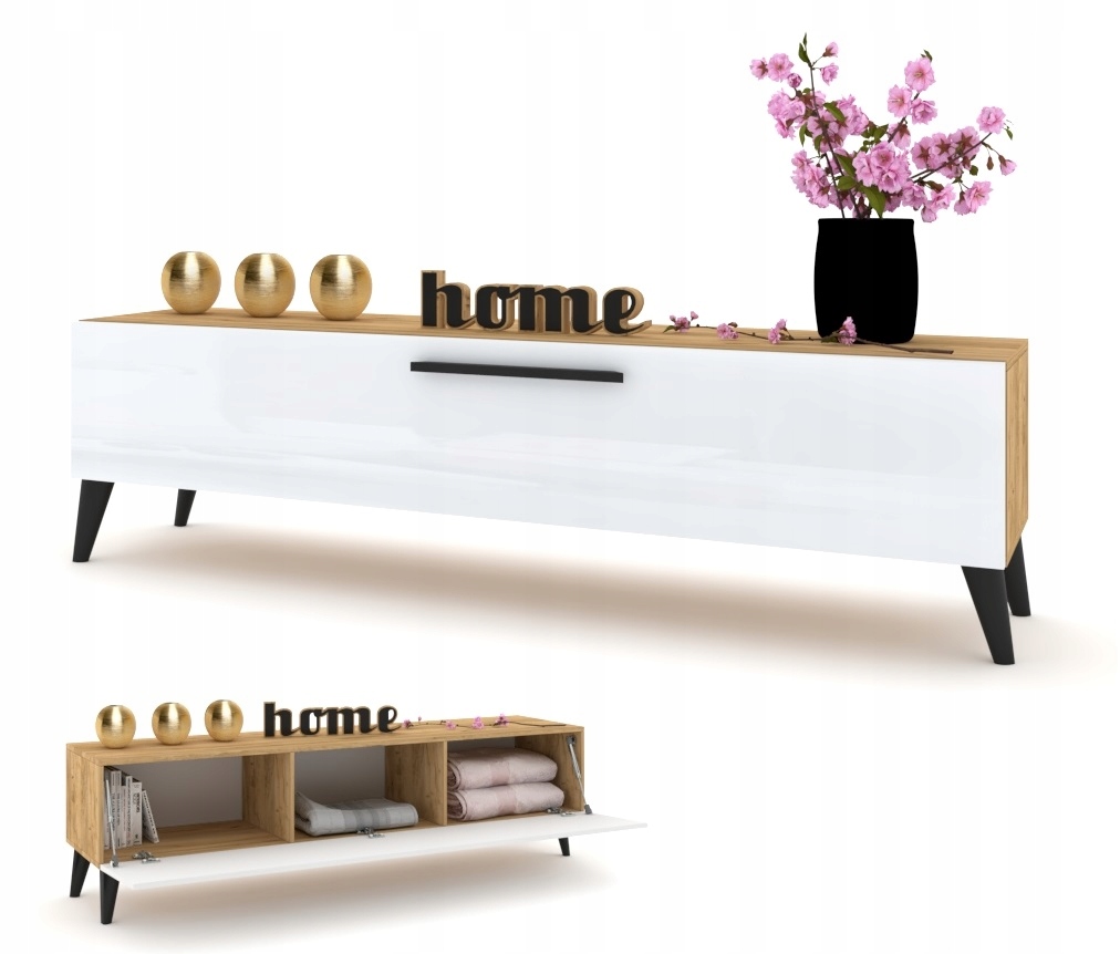 Horizontální skříňka Komoda Simply Craft Bílý Lesk Nohy Dřevěné Černé 120