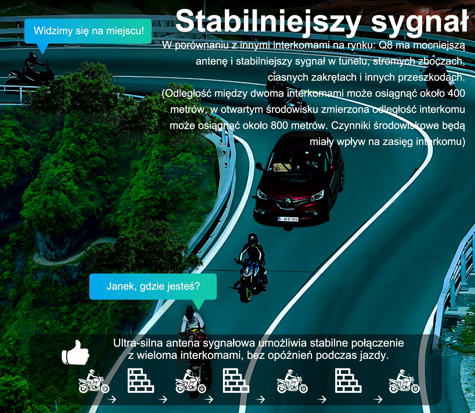 INTERKOM MOTOCYKLOWY EJEAS Q8 DO 6 KIEROWCÓW JEDNOCZEŚNIE RADIO FM BT 5.1 Typ połączenia Bluetooth