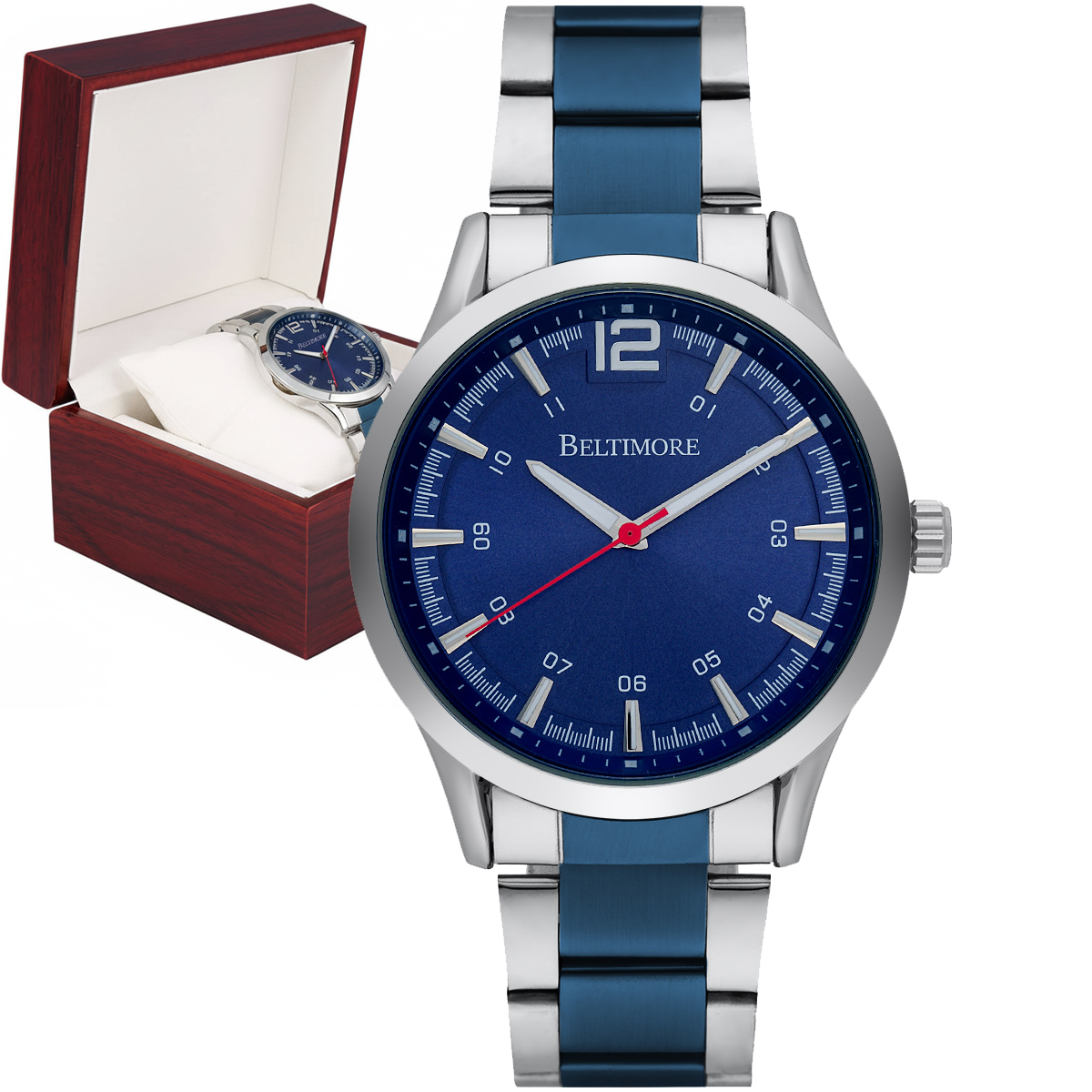 Pánské hodinky náramek velký pevný modrý křemenný krabička Beltimore