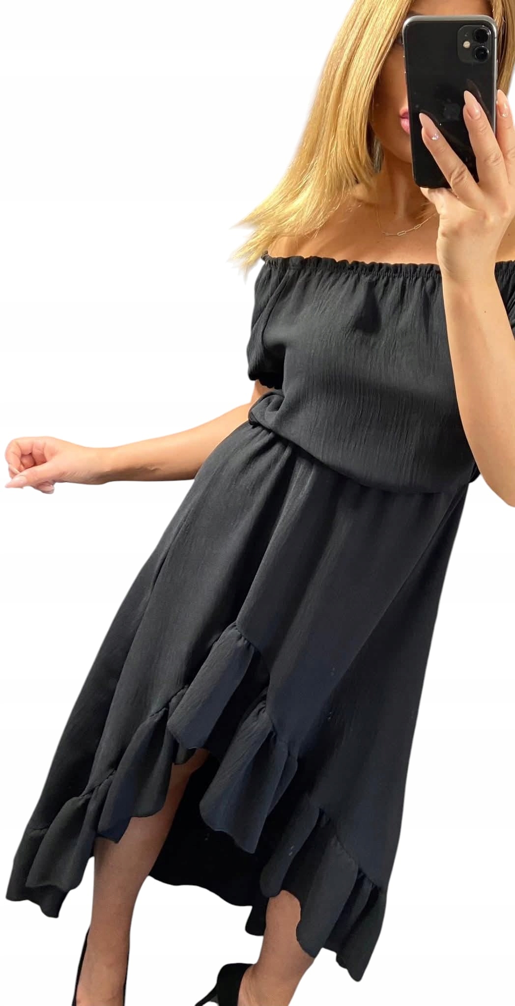 V0034 Elegantní Šaty S Volánem, Černé, vel. 38 (M)