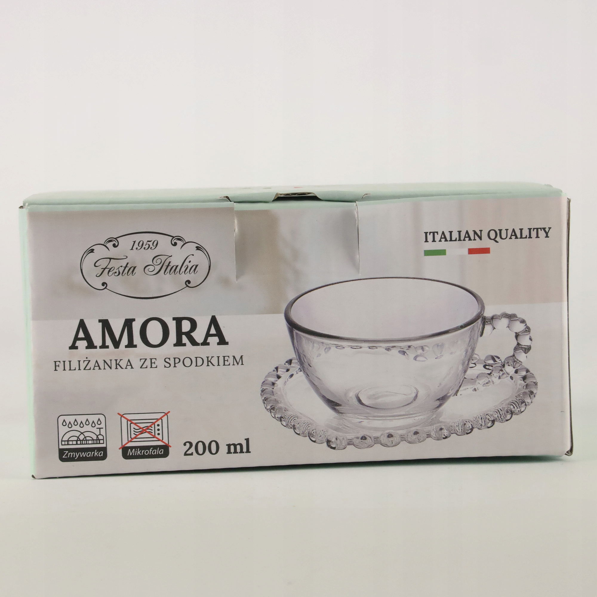 FILIŻANKA ZE SPODKIEM SZKLANA AMORA 200ML NA KAWĘ UNIWERSALNA WZÓR SERCE