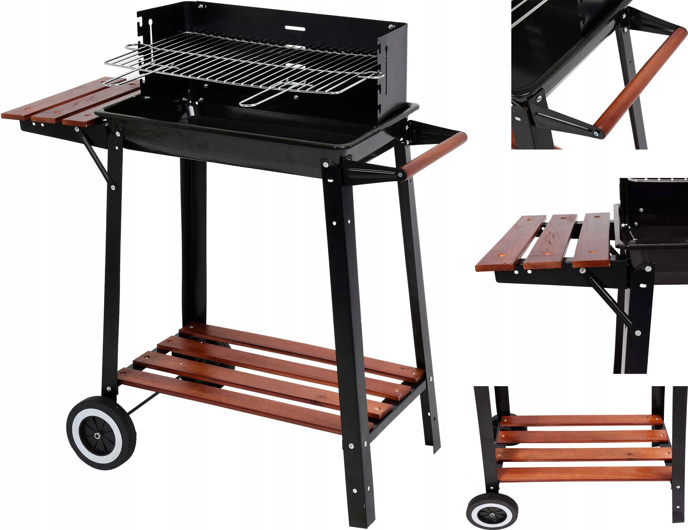 GRILL OGRODOWY WĘGLOWY PÓŁKI DREWNIANE