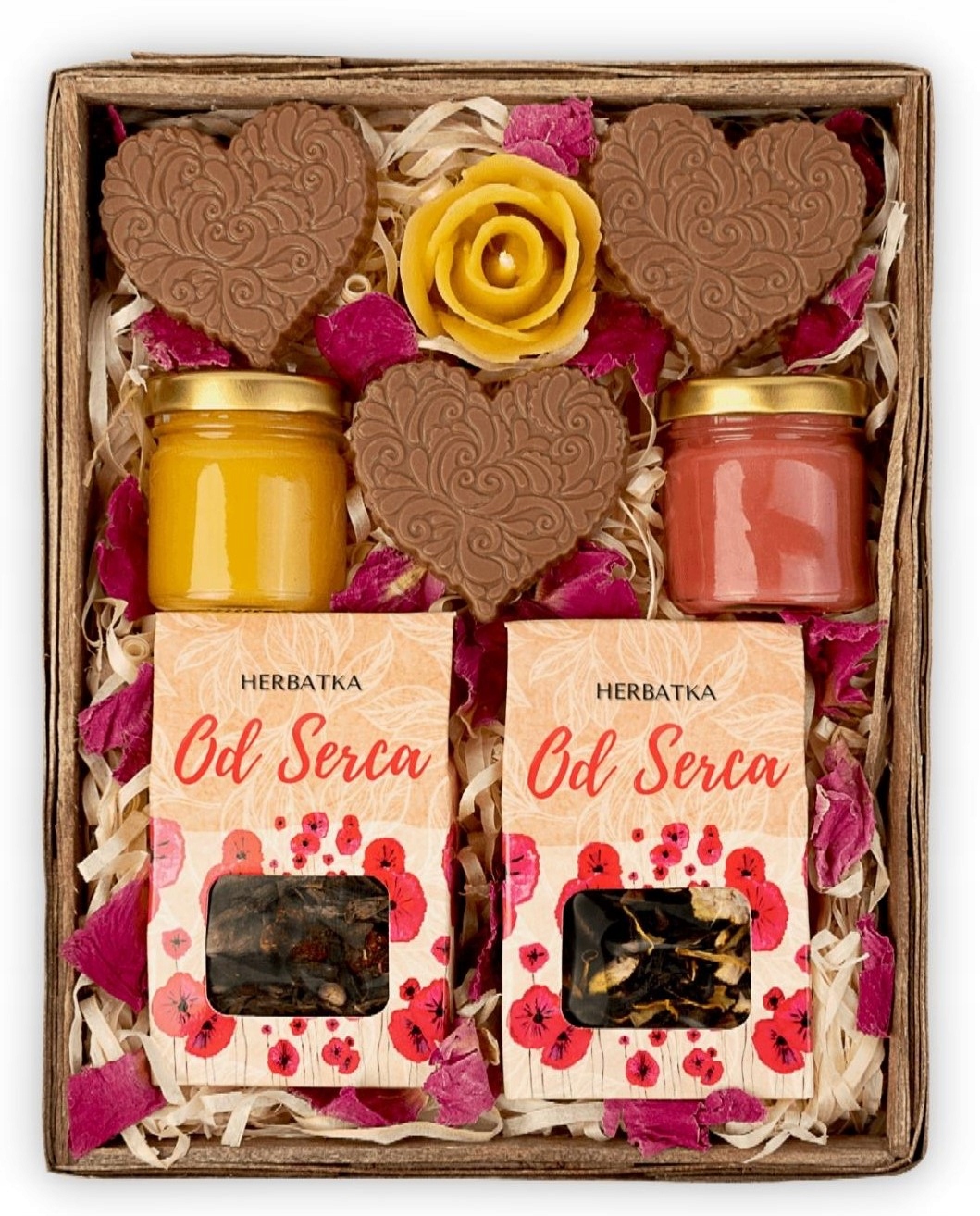 Dárkový koš, sada čokolád, svíčka, med a čaj jako dárek od srdce