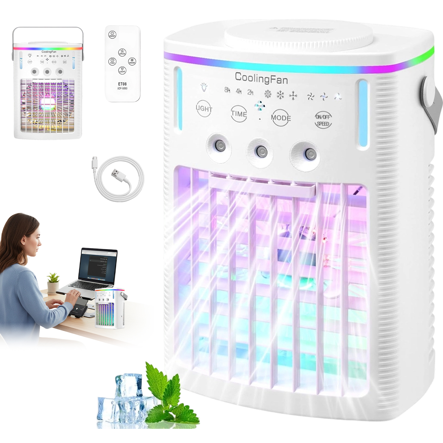 Stolní Ventilátor Mini Klimatizace Zvlhčovač 7 Barev Led