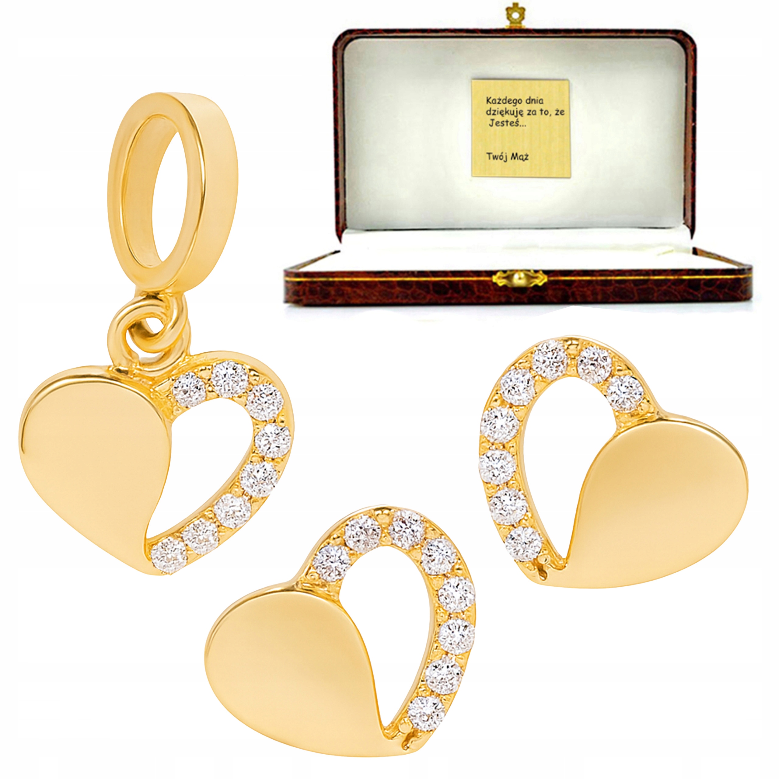 Zlaté šperky 585 se srdíčky a bílými zirkony srdíčka s gravírováním