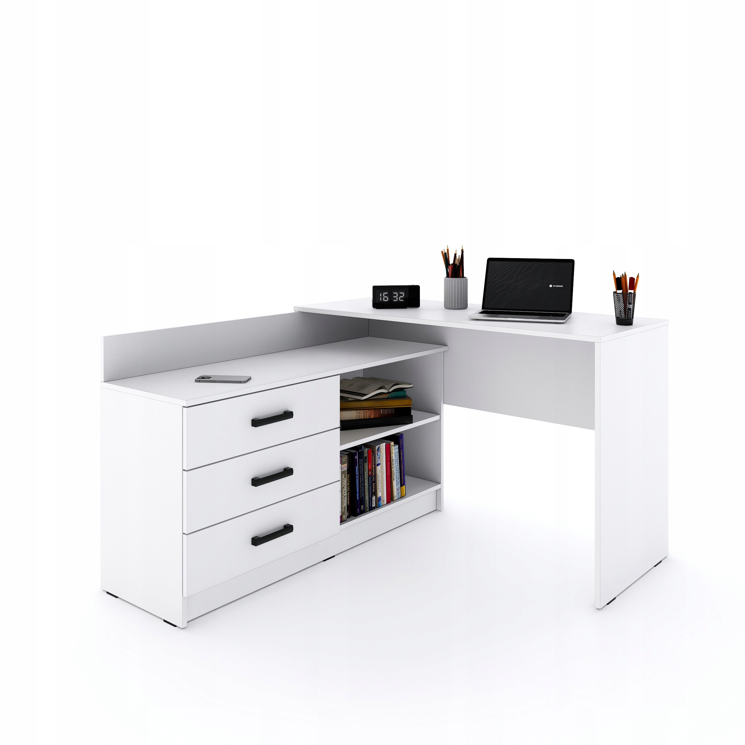 Univerzální rohový psací stůl Omega ve tvaru písmene – 3 zásuvky – bílá barva