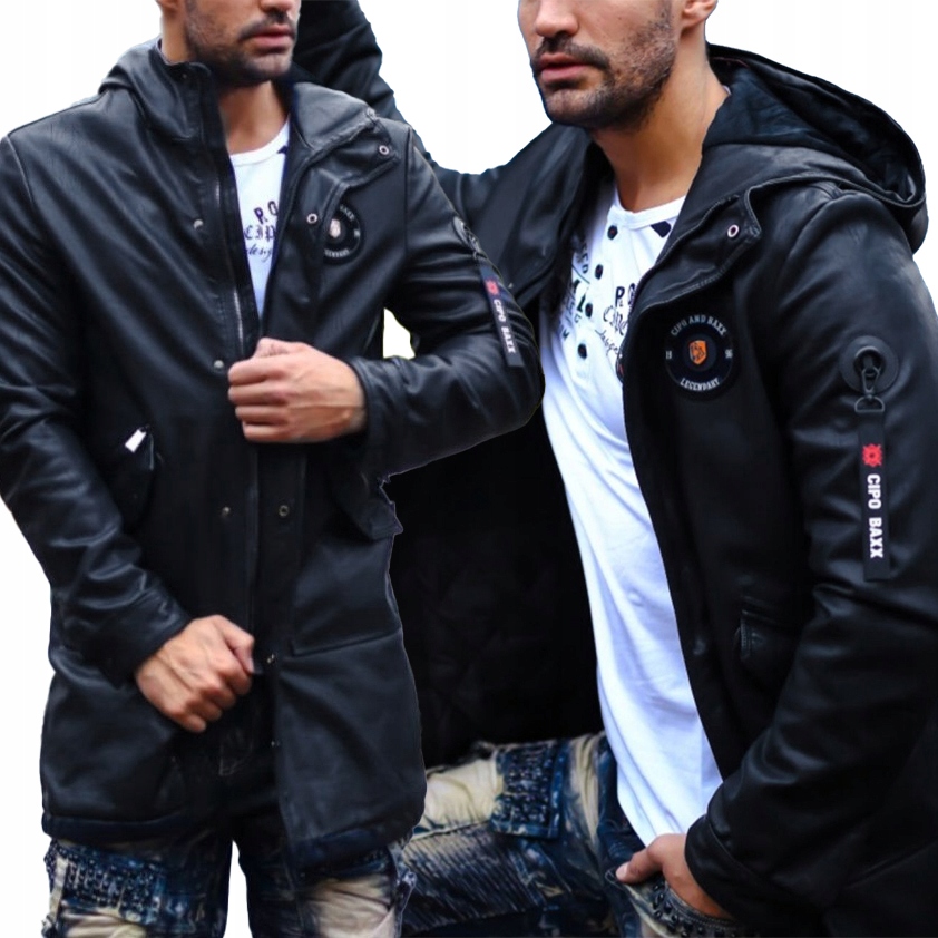 Bunda Kabát Cipo Baxx Přechodovka Dlouhá kůže s kapucí