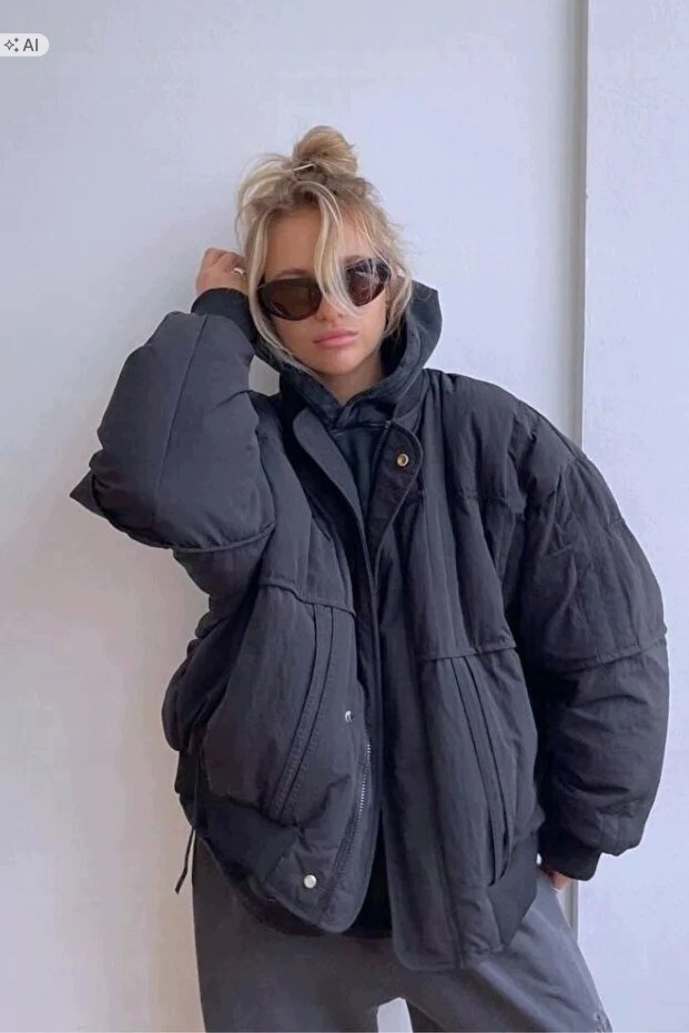Černá Prošívaná Oversize Bunda S Kapucí A Zipem S 5IA