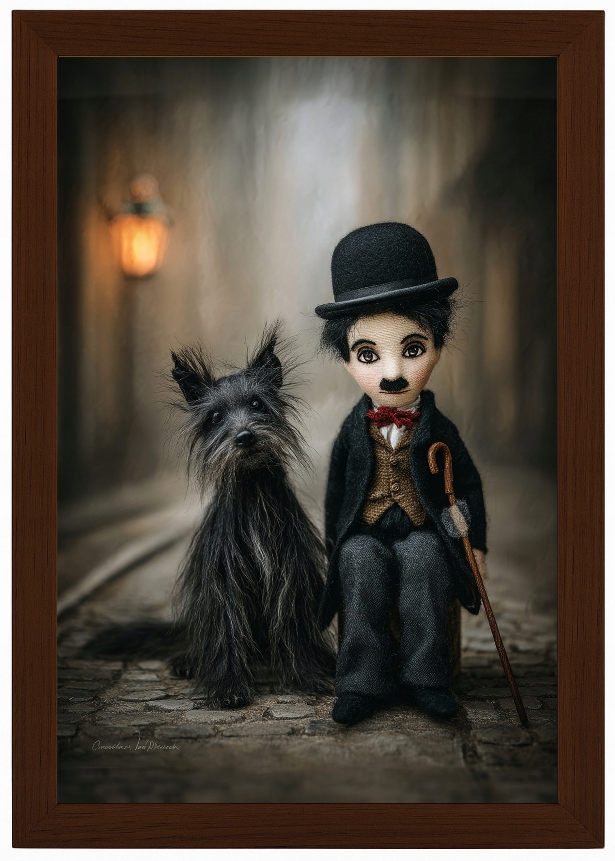 Plakát Rámeček Dřevo Charlie Chaplin Pes Yorkshire Vintage Lalka 62x93