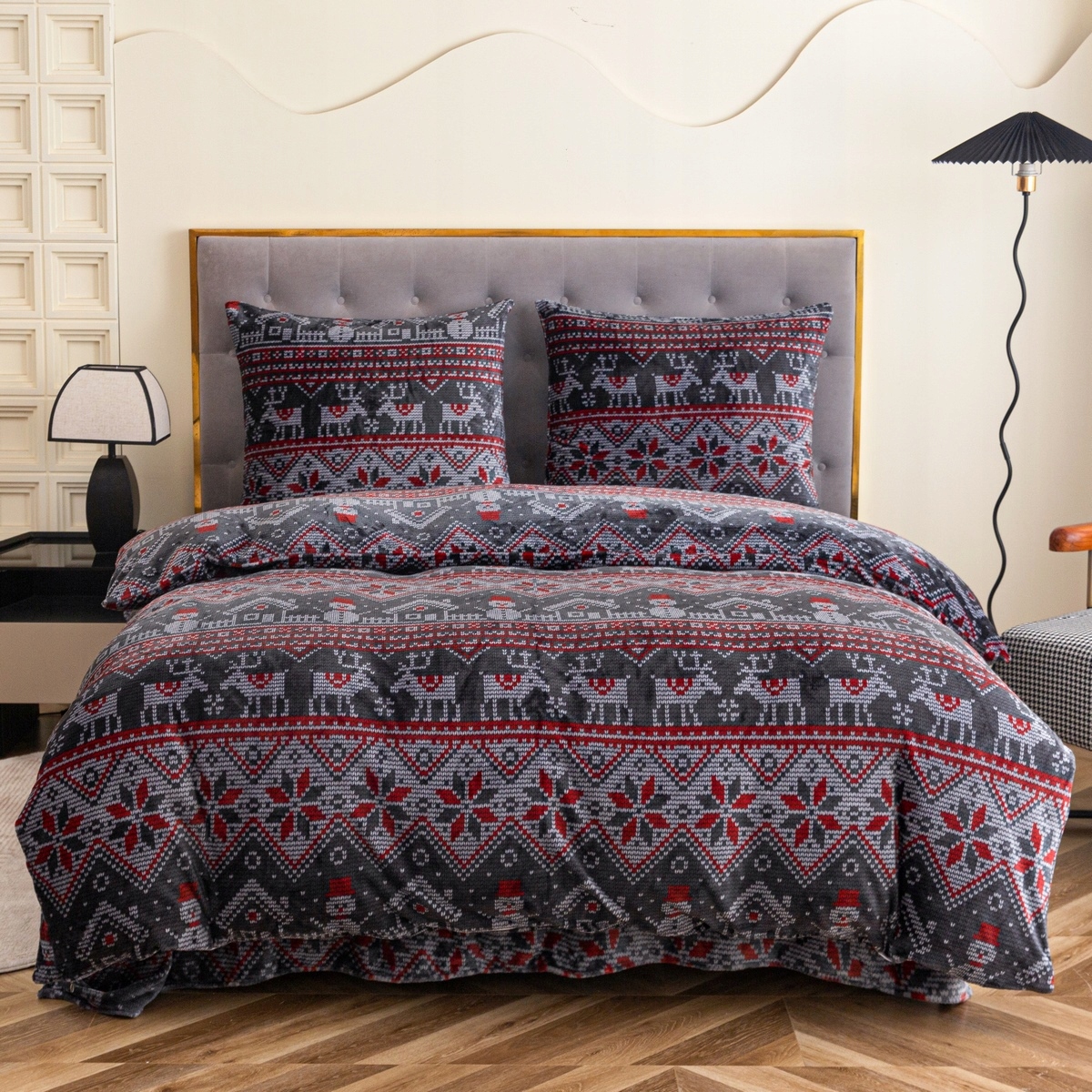 Povlečení XmasCozy 140x200 velur vánoční grafitový červený vzor