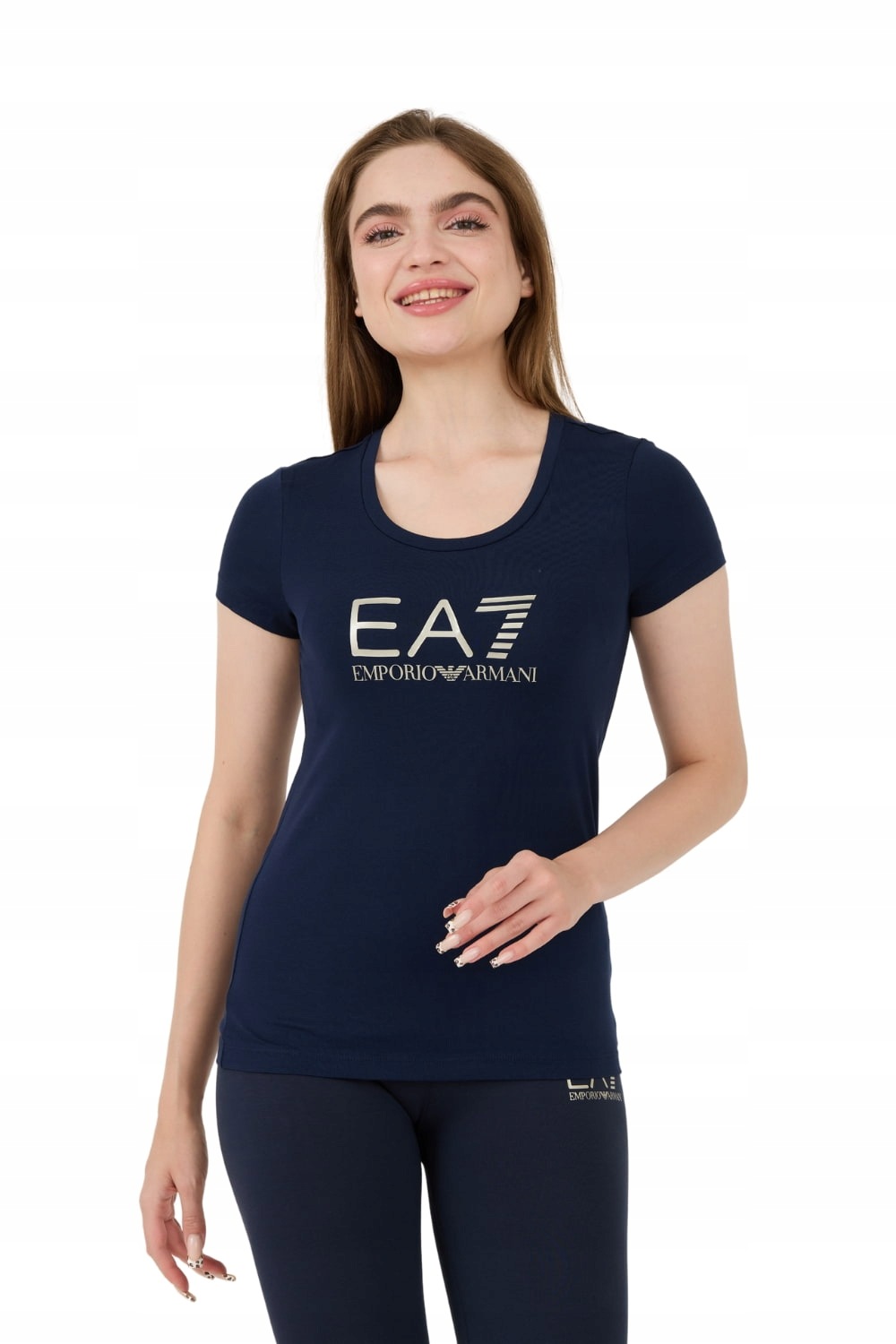 EA7 Granatowy damski t-shirt ze srebrnym logo M