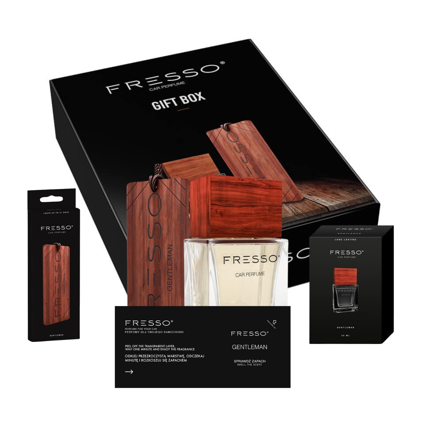 FRESSO MINI GIFT BOX GENTLEMAN NA PREZENT - PERFUM DO AUTA 50ML + ZAWIESZKA