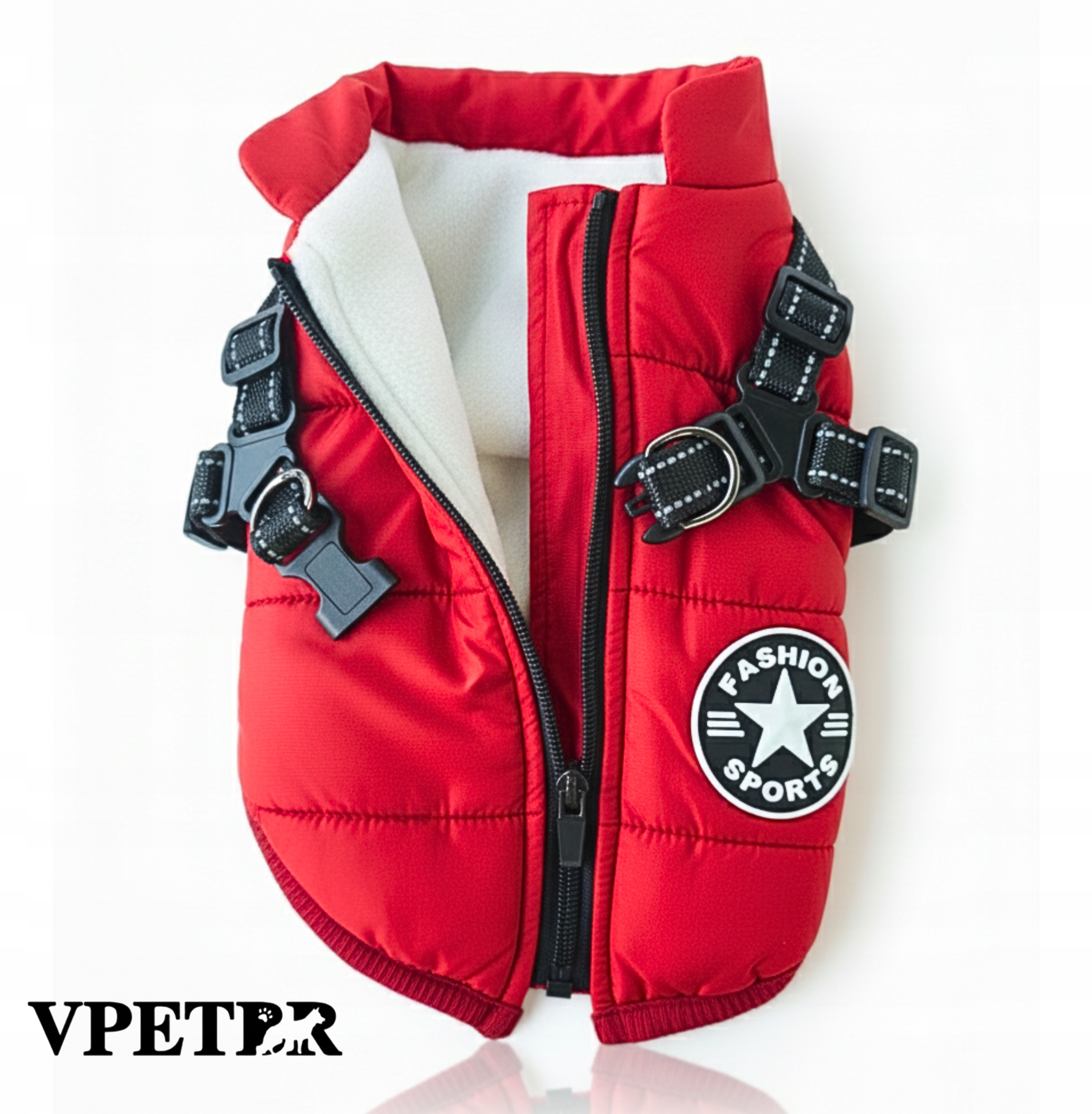 Levně Teplá bunda pro psa s ramenními popruhy voděodolná s odrazkami červená 5XL