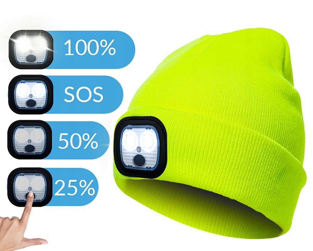CZAPKA Z LATARKĄ LED ŁADOWANA USB CIEPŁA BEANIE Kolor żółty