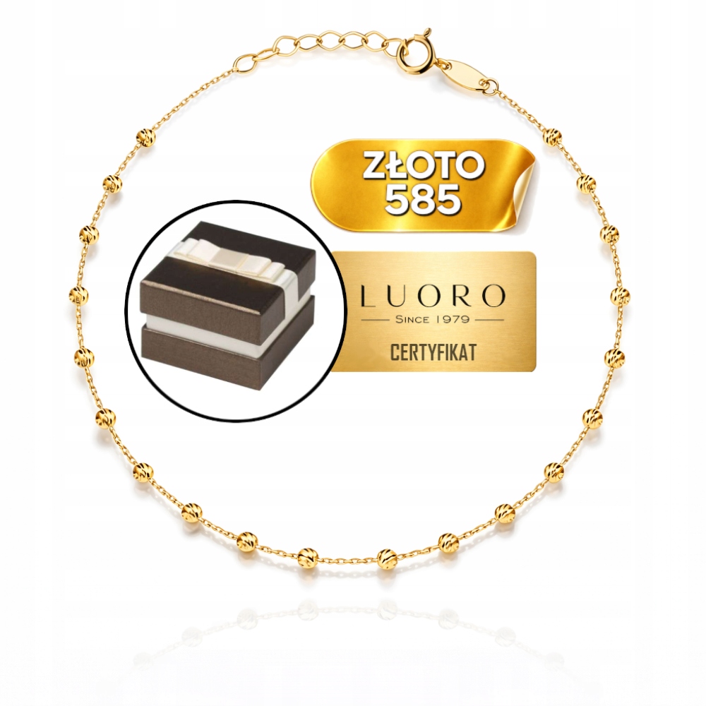 Náramek Zlatý 585 14K Diamantové Kuličky 17 CM Nastavitelný