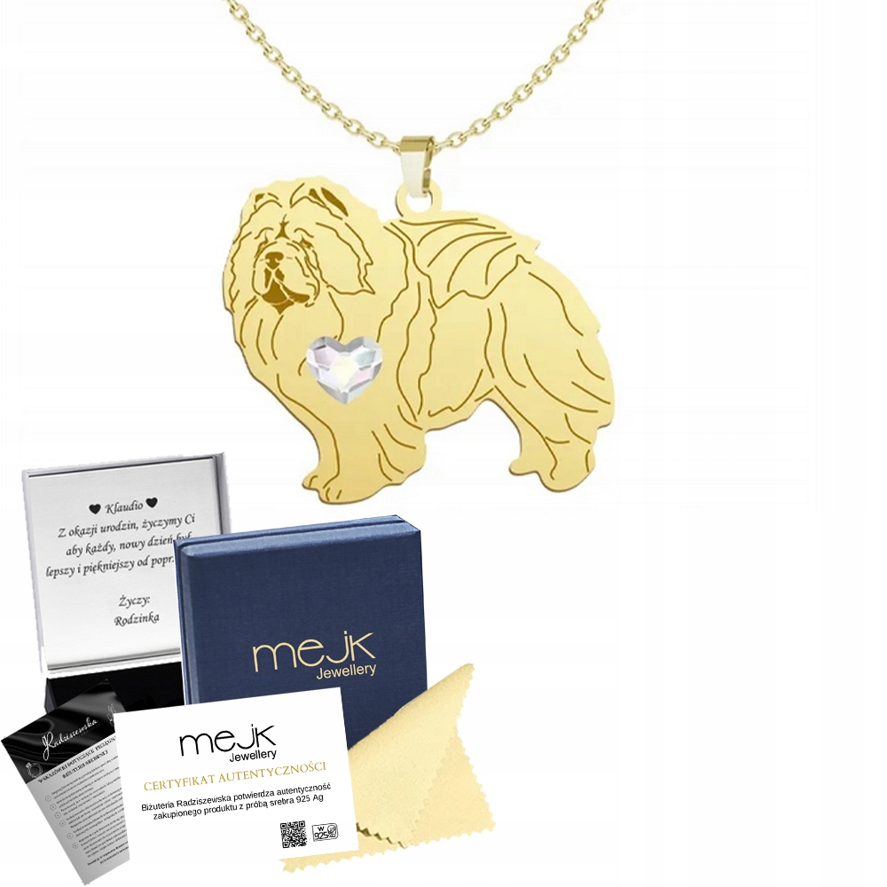 Zlatý náhrdelník s psem Chow chow 925 Řetízek Dárek Gravírování Bonus