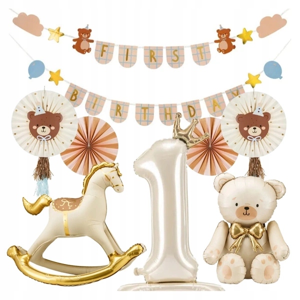 Dekoracje Roczek balony girlanda First Birthday rozety misie ozdoby zestaw