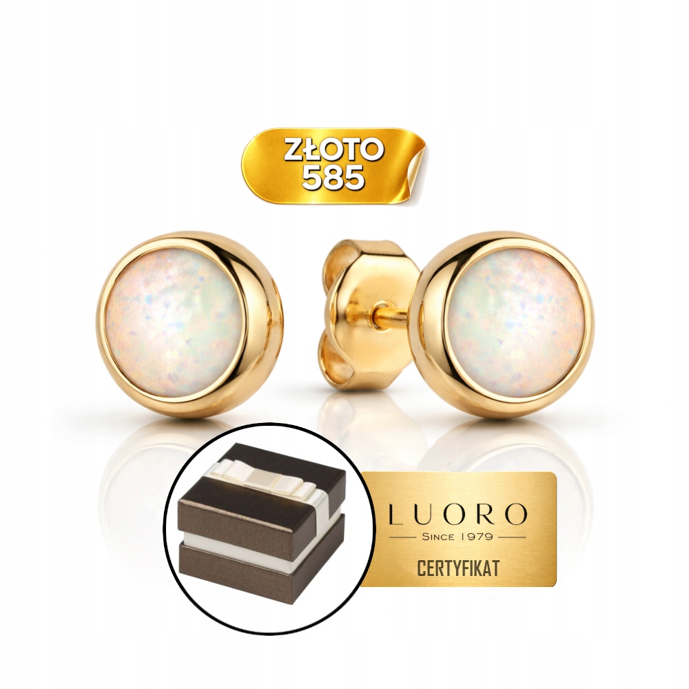 Náušnice Zlaté 585 14K Opálové Kolečko 7 MM Tyčinka Elegantní Klasické